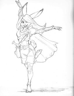anthro armor bag cape clothed clothing dagger female hair melee_weapon solo weapon megan_giles candi_(megan_giles) hare lagomorph leporid mammal sketch