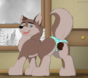 animal_genitalia animal_vulva blue_eyes bottomwear brown_body brown_fur brown_vulva butt canine_genitalia canine_vulva clothed clothed_feral clothing clothing_aside countershade_face countershade_feet countershade_tail countershade_torso countershading digitigrade feet female female_feral feral fur genitals inside looking_at_viewer looking_back looking_back_at_viewer open_mouth open_smile panties panties_aside pattern_bottomwear pattern_clothing pattern_panties pattern_underwear paws presenting presenting_hindquarters quadruped raised_tail smile solo striped_bottomwear striped_clothing striped_panties striped_underwear stripes tail tan_body tan_fur teeth tongue underwear underwear_aside vulva window chocky25 balto_(series) universal_studios aleu_(balto) canid canine canis hybrid mammal wolfdog 2025 absurd_res alternate_version_at_source cel_shading colored digital_media_(artwork) hi_res shaded