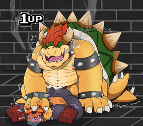 accessory anal anal_orgasm anal_penetration anthro belly black_body black_fur bodily_fluids breath butt clothing cock_ring collar cum cum_from_ass cum_in_ass cum_inside cum_on_butt cum_splatter dialogue dominant dominant_male drool_pool drooling duo ejaculation emanata from_behind_position fucked_silly fur gameplay_mechanics genital_fluids growling hands-free hat hat_over_eyes head_grab head_push headgear headwear jewelry jockey_position life_(gaming) looking_pleasured lying male male/male moan nipple_piercing nipples on_front onomatopoeia orgasm orgasm_face overweight overweight_dom overweight_male overweight_top panting penetration penile penile_penetration penis_accessory penis_in_ass penis_jewelry piercing prone_bone_position saliva sex size_difference smaller_penetrated smoke smoke_from_mouth sound_effects spiked_collar spikes tail tail_motion tail_slap text moonbeardusk mario_bros nintendo bowser dusk_(moonbeardusk) bear black_bear koopa mammal moon_bear scalie ursine english_text hi_res