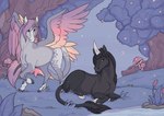 black_body duo feathered_wings feathers forest grey_body hooves lying mane outside plant purple_eyes standing toony tree wings yellow_eyes symrea equid equine mammal