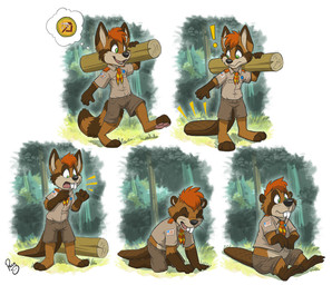 anthro barefoot black_nose brown_body brown_fur clothed clothing duo feet fur gloves_(marking) grass green_eyes hair kneeling leg_markings logo male markings open_mouth open_smile orange_hair outside plant short_hair sitting smile socks_(marking) species_transformation standing striped_markings striped_tail stripes tail tail_markings teeth transformation young young_anthro young_male pandapaco beaver mammal procyonid raccoon rodent artist_logo sequence signature