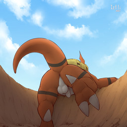 anthro anus backpack backsack balls biped butt claw_toes claws climbing cloud detailed_background faceless_character faceless_male feet first_person_view flaccid foreskin genitals humanoid_genitalia humanoid_penis low-angle_view lying male male_anthro on_front outside penis perineum rear_view red_body red_scales scales sky soles solo text toe_claws unretracted_foreskin iztli bandai_namco digimon digimon_(species) guilmon scalie 1:1 artist_name colored dated digital_media_(artwork) hi_res shaded soft_shading watermark