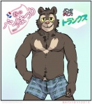 2014 anthro artdecade bear biceps boxers_(clothing) bulge clothed clothing fur japanese_text looking_at_viewer male mammal muscular muscular_anthro muscular_male neck_tuft pecs pose simple_background sloth_bear smile solo teeth text topless tuft underwear underwear_festival ursine willy_(artdecade)