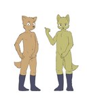 4_fingers anthro balls brown_body brown_fur butt clothing duo eyebrows fingers footwear footwear_only fur genitals gesture hand_gesture hiding_penis male mostly_nude navel pointing pointing_back serious simple_background socks socks_only tail white_background young young_male nekotanyanneko canid canine canis domestic_dog mammal 2020 hi_res