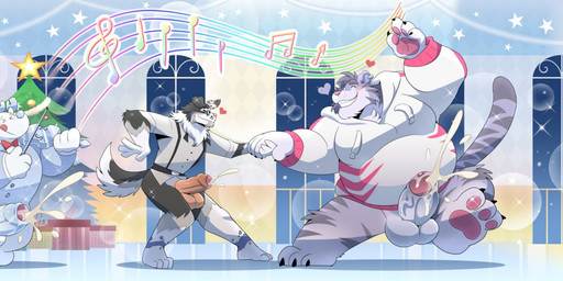 anthro balls blue_border bodily_fluids border bottomwear clothing cum dancing duo eyewear genital_fluids genitals glasses group herding holidays hoodie male music overweight overweight_male pants pastoral penis piercing shirt stripes suspenders topwear trio takataka elle_(elazul) justin_(ieaden) white_santa_(takataka) canid canine canis collie domestic_dog felid herding_dog mammal pantherine pastoral_dog sheepdog tiger