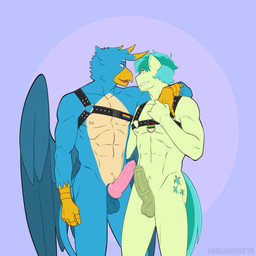 abs animal_genitalia animal_penis anthro balls blue_body body_harness countershade_torso countershading cutie_mark duo equine_genitalia equine_penis erection genitals green_body harness knot lgbt_pride male male/male medial_ring muscular muscular_male nude nude_anthro nude_male penis pride_colors purple_background rainbow_flag rainbow_pride_flag rainbow_symbol simple_background tail talon_hands touching_penis turquoise_hair shallowwin friendship_is_magic hasbro my_little_pony mythology gallus_(mlp) sandbar_(mlp) avian earth_pony equid equine gryphon horse mammal mythological_avian mythological_creature pony 1:1 hi_res