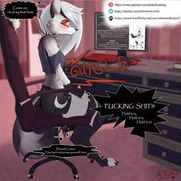 alternative_fashion anthro bottomwear chair choker clothing computer desk electronics female furniture jewelry necklace on_chair poop_desperation profanity red_sclera shorts sitting sitting_on_chair solo table text akikoandlostari hellaverse helluva_boss mythology loona_(helluva_boss) canid canid_demon canine demon hellhound mammal mythological_canine mythological_creature 1:1 english_text url