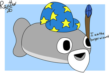 beard black_eyes black_mouth blue_background blue_clothing blue_hat blue_headwear border clothing costume dialogue facial_hair fake_beard feral grey_body hat headgear headwear magic_user male open_mouth open_smile simple_background smile solo staff text three-quarter_view white_beard white_border white_facial_hair wizard_hat reathe jim_(reathe) fish jawless_fish marine prehistoric_species sacabambaspis 2026 colored digital_media_(artwork) english_text flat_colors