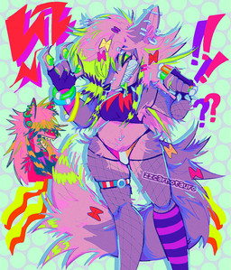 accessory anthro armwear bracelet bright_colors claws clothing collar curvy_figure ear_piercing exclamation_point eyebrow_piercing eyes_closed eyeshadow facial_piercing female fingerless_gloves fishnet_armwear fishnet_clothing fluffy fluffy_tail fur garter gloves glowstick glowstick_bracelet green_insides grey_body grey_fur hair handwear highlights_(coloring) inner_ear_fluff jewelry leg_garter leggings legwear lesbian_pride_colors lgbt_pride lip_piercing long_hair long_tail makeup markings messy_hair multiple_piercings navel navel_piercing nose_piercing nose_ring panties pattern_background pawpads piercing pride_colors question_mark rave ribbons ring_piercing scene_haircut sharp_teeth simple_background solo sparklefur spiked_bracelet spiked_collar spikes stockings symbol tail teeth thick_thighs thigh_highs tongue tongue_out transgender_pride_colors tuft underwear white_hair wide_hips zzcarnotauro five_nights_at_freddy's five_nights_at_freddy's:_security_breach scottgames steel_wool_studios roxanne_wolf canid canine canis mammal wolf headshot_portrait hi_res portrait three-quarter_portrait