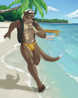 4_toes 5_fingers abs anthro athletic athletic_anthro athletic_male backpack barefoot beach biped boat brown_body brown_fur bulge clothing detailed_background detailed_bulge eyewear feet fingers fur genital_outline goggles green_eyes hair male membrane_(anatomy) navel outside pawpads penis_outline running sand sea seaside sky solo speedo swimwear toes vehicle water watercraft webbed_hands white_hair kaynine mammal mustelid otter 2016 4:5 hi_res
