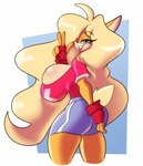 big_breasts blonde_hair breasts clothed clothing female gesture hair hair_over_eye hand_gesture huge_breasts one_eye_obstructed solo v_sign solratic activision crash_bandicoot_(series) tawna_bandicoot bandicoot mammal marsupial hi_res