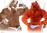 2023 abs absurd_res anthro barazoku biceps big_muscles biped black_sclera brown_body brown_fur canid canine canis duo flexing flexing_bicep fur hi_res looking_at_viewer male mammal muscular muscular_anthro muscular_male pecs red_body red_fur smile smiling_at_viewer taffyfever white_eyes wolf