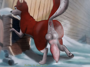 anatomically_correct animal_genitalia animal_penis anus balls big_balls big_butt big_penis blurred_background bodily_fluids brown_eyes butt canine_genitalia canine_penis crossgender cum cum_on_ground dialogue feral fur genital_fluids genitals gynomorph huge_penis hyper hyper_genitalia hyper_penis intersex looking_back male penis realistic_feral red_body red_fur solo talking_to_another white_body white_fur udbebu balto_(series) universal_studios jenna_(balto) canid canine mammal hi_res