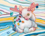 albino ambiguous_gender antlers feral flying fur green_eyes group hooves horn insect_wings scut_tail short_tail tail white_body white_fur wings camilla_d'errico arthropod beetle cucujoid deer insect ladybug mammal painting_(artwork) traditional_painting_(artwork)