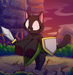 5_fingers anthro big_breasts black_body black_fur breasts clothing female fingers fur huge_breasts melee_weapon nipples shield standing sword tail wardrobe_malfunction weapon whiskers iguanasarecool find_mii nintendo streetpass_mii_plaza wandering_hero felid feline mammal ears hi_res
