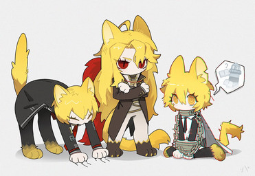 4_fingers accessory ahoge all_fours ambiguous_gender barefoot black_clothing black_suit black_tie_(suit) blonde_eyebrows blonde_hair boa_(clothing) book bottomwear bound brown_body brown_fur chain chained claw_marks claws clothing coat crossed_arms curled_tail eyebrows eyelashes eyes_closed feet finger_claws fingers fluffy fluffy_tail fur glitch group hair inner_ear_fluff lighthouse long_hair looking_at_viewer mouthless pale_skin pants paws pin_accessory pin_button question_mark red_eyes shackled_neck shackled_wrists short_hair sitting speech_bubble standing sticker suit tail topwear trio tuft yellow_body yellow_fur yellow_inner_ear_fluff flaw_eight limbus_company project_moon don_quixote_(limbus_company) sancho_(limbus_company) animal_humanoid cat_humanoid felid felid_humanoid feline feline_humanoid humanoid mammal mammal_humanoid 2026 watermark widescreen female_(lore)