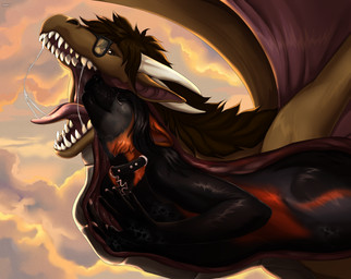 ambiguous_feral ambiguous_gender anthro black_body black_collar black_fur black_hair bodily_fluids brown_eyes brown_mane cheek_tuft collar duo ears_back eyes_closed facial_tuft feral fur glistening glistening_eyes grey_markings hair horn in_mouth internal long_hair male male_anthro mane markings membrane_(anatomy) membranous_wings neck_bulge nude oral_vore orange_body orange_markings outside pivoted_ears red_tongue saliva saliva_string side_view tongue tongue_out tuft vore white_body white_horn wings roobin mythology canid canine dragon mammal mythological_creature mythological_scalie scalie hi_res