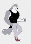 anthro bottomwear clothed clothing footwear fur male muscular muscular_anthro muscular_male shoes simple_background solo topwear ixkouu canid canine canis mammal wolf 2021 hi_res