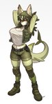 anthro belt boots bottomwear breasts clothing ear_piercing female footwear green_body hands_behind_head kerchief knee_pads looking_at_viewer navel piercing shoes shorts simple_background socks solo tail topwear vest white_background yellow_eyes pgm300 anchovy_(cursedanchovy) eri_kasamoto canid canine canis fish hybrid mammal marine shark wolf absurd_res hi_res signature