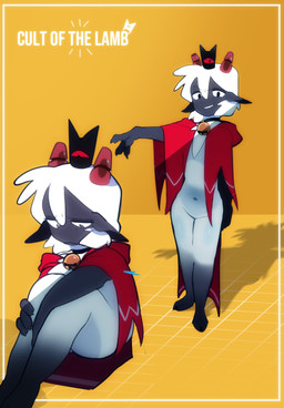 2_horns ambiguous_anthro ambiguous_gender anthro barefoot biped featureless_crotch feet horn leg_markings markings navel shadow simple_background sitting socks_(marking) solo standing text white_body yellow_background kittem4 cult_of_the_lamb massive_monster_(studio) lamb_(cult_of_the_lamb) bovid caprine mammal sheep digital_drawing_(artwork) digital_media_(artwork) english_text hi_res