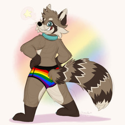 anthro briefs briefs_only clothed clothing collar hands_on_hips lgbt_pride looking_at_viewer looking_back male one_eye_closed pose pride_colors rainbow_briefs rear_view smile smiling_at_viewer solo teeth topless underwear underwear_only wink orlandofox jono mammal procyonid raccoon hi_res