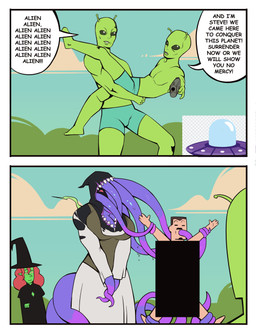 anthro big_breasts breasts censor_bar checkered checkered_background clothed clothed_female clothing dialogue dominant dominant_female dress duo facial_hair female green_body green_skin gun hair handgun hat headgear headwear holding_gun holding_handgun holding_object holding_pistol holding_ranged_weapon holding_weapon humor magic_user male male/female mustache oral oral_penetration outside pattern_background penetration pistol purple_tentacles ranged_weapon red_hair simple_background speech_bubble tentacle_arms tentacle_in_mouth tentacle_penetration tentacles text ufo weapon witch witch_hat bonnymama7 elphaba_(bonnymama7) steve_(bonnymama7) alien alien_humanoid eldritch_abomination human humanoid mammal tentacle_creature absurd_res colored comic english_text hi_res
