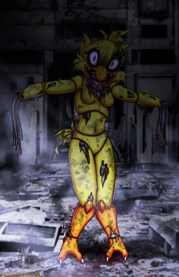 anthro beak bib breasts feathers featureless_breasts female machine navel nightmare_fuel open_beak open_mouth pink_eyes short_story solo teeth text tongue torn_bib wire yellow_body yellow_feathers viroveteruscy five_nights_at_freddy's five_nights_at_freddy's_2 scottgames withered_chica_(fnaf) animatronic avian bird chicken galliform gallus_(genus) phasianid robot 2025 absurd_res digital_media_(artwork) hi_res story story_in_description