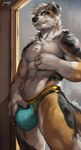 abs anthro biceps big_bulge biped blue_clothing blue_eyes blue_jockstrap blue_underwear bulge claws clothed clothing countershading doorframe finger_claws fur hair holding_bulge jockstrap looking_at_viewer looking_down looking_down_at_viewer low-angle_view male multicolored_body multicolored_fur muscular muscular_anthro muscular_male pecs solo standing_in_doorway underwear underwear_only juiceps border_collie canid canine canis collie domestic_dog herding_dog mammal pastoral_dog sheepdog digital_drawing_(artwork) digital_media_(artwork) hi_res shaded signature