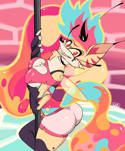 anthro bottomwear breasts butt cleavage clothed clothing female fur hair looking_at_viewer multicolored_body multicolored_fur multicolored_hair pole shorts smile solo imaranx hellaverse helluva_boss queen_bee-lzebub_(helluva_boss) arthropod canid canine demon fox insect mammal 2023 digital_media_(artwork) hi_res watermark