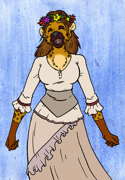 anthro big_breasts biped breasts brown_body brown_fur celtic chest_tuft clothed clothed_anthro clothed_female clothing dress eyes_closed female fingers flower flower_crown front_view fur grey_clothing grey_dress happy humanoid_hands markings open_mouth open_smile plant smile solo spots spotted_markings tan_body tan_fur tuft theviktor hyena mammal 2022 colored hi_res portrait three-quarter_portrait