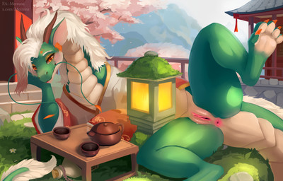 anus asian_clothing beverage blush bottomless claws clothed clothing east_asian_architecture east_asian_clothing female female_feral feral furniture genitals grass green_body green_scales hair lamp lantern long_body long_neck looking_at_viewer lying mane mountain on_side orange_eyes outside pink_vulva plant presenting scales snout solo spread_legs spreading stone_lantern table tail tan_body tea teapot thick_tail toe_claws tongue tongue_out tree vulva whiskers white_hair merrunz mythology dragon eastern_dragon mythological_creature mythological_scalie scalie absurd_res hi_res