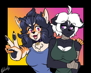 anthro black_body black_fur black_hair breasts clothing collar duo ears_down ears_up eyebrows eyelashes female fur gesture hair hand_gesture looking_at_viewer open_mouth orange_body orange_fur pivoted_ears purple_eyes shirt smile smiling_at_viewer tank_top teeth teeth_showing tongue topwear v_sign white_hair chisa_sa alice_(waffl3sk4t) svetlana_(waffl3sk4t) hi_res