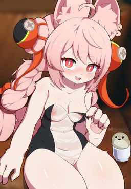 5_fingers anthro areola big_ears biped black_clothing black_leotard blurred_background blush blush_lines braided_hair breasts buckteeth chest_tuft circle_eyebrows claws clothed clothed_anthro clothed_female clothing clothing_pull ear_piercing ear_ring eyebrow_through_hair eyebrows eyelashes female female_anthro finger_claws fingers genitals glistening glistening_body glistening_breasts glistening_eyes glistening_legs glistening_thighs hair high-angle_view inner_ear_fluff innie_vulva leotard leotard_pull looking_at_viewer medium_breasts multicolored_clothing multicolored_leotard navel nipples open_mouth pawpads piercing pink_areola pink_eyebrows pink_hair pink_inner_ear_fluff pink_nipples pink_pawpads pink_tail red_eyes ring_piercing sitting smile smiling_at_viewer solo strapless_clothing strapless_leotard tail teeth text translucent translucent_clothing translucent_hair translucent_leotard tuft vulva sensen mihoyo zenless_zone_zero zhao_(zenless_zone_zero) lagomorph leporid mammal rabbit thiren 2026 artist_name digital_media_(artwork) hi_res url watermark