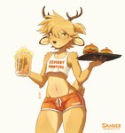 alcohol anthro antlers beer beverage blush bottomwear brown_body brown_fur bulge burger clothing crop_top femboy fingerless_(marking) food fur hair holding_object horn hotpants looking_at_viewer male male_anthro midriff navel ponytail scut_tail shirt short_hair short_tail shorts simple_background solo tail tan_body tan_fur tan_hair topwear waiter white_background sanderthecat femboy_hooters deer mammal new_world_deer reindeer 2020 artist_name digital_media_(artwork) hi_res portrait signature three-quarter_portrait