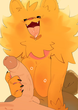 anthro big_breasts breasts claws cute_fangs duo fangs female female_anthro fluffy fur genitals glans handjob human_on_anthro humanoid_genitalia humanoid_penis interspecies male male/female male_human male_on_anthro orange_body orange_fur penile penis pokephilia sex teeth yolabayola1 nintendo pokemon pokemon_winds_and_waves canid canine generation_10_pokemon human mammal pokemon_(species) pombon 2026 absurd_res hi_res