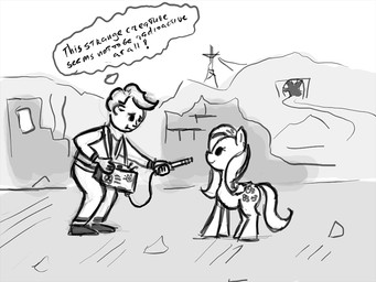cutie_mark duo female feral male outside quadruped tail text wings ulyanovetz fallout friendship_is_magic hasbro microsoft my_little_pony mythology fluttershy_(mlp) vault_boy equid equine human mammal mythological_creature mythological_equine pegasus 2012 4:3 crossover english_text monochrome
