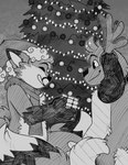 antlers christmas_clothing christmas_headwear christmas_tree clothing duo eyes_closed gift hat headgear headwear holidays horn inside male plant puzzle_cube santa_hat scarf smile tree christmas kitsyfluff vancu canid canine fox mammal 2021 absurd_res comic greyscale hi_res monochrome andromorph_(lore)