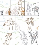 anthro blush bodily_fluids bovid buckteeth cain_(weaver) caprine clothed clothing comic deer disney domestic_sheep duo felid female gareth_(zootopia) hare jaguar_(zootopia) judy_hopps lagomorph leporid line_art long_ears male mammal nervous plant rabbit sharla_(zootopia) sheep simple_background size_difference sweat teeth text the_weaver topless undressing young young_anthro zootopia