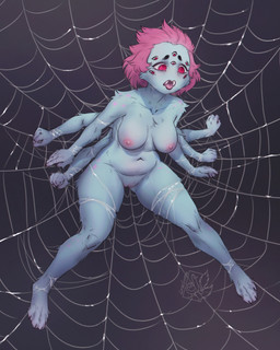 6_arms 8_eyes anthro arm_tuft arthropod_webbing blue_body blue_fur bound breasts cheek_tuft chest_tuft facial_tuft fangs female female_anthro fur genitals hair leg_tuft logo multi_arm multi_eye multi_limb navel nipples non-mammal_breasts non-mammal_navel non-mammal_nipples non-mammal_vulva nude nude_anthro nude_female open_mouth pink_eyes pink_hair pink_nipples pink_tongue shoulder_tuft simple_background solo spider_web stuck_in_web teeth tongue tongue_out tuft vulva web_bondage lostgoose arachnid arthropod spider 2021 4:5 artist_logo dated hi_res