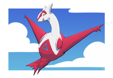 blue_background border cloud female feral looking_at_viewer open_mouth red_body red_skin simple_background sky skyscape solo white_body white_border white_skin yellow_eyes fizzpop nintendo pokemon generation_3_pokemon latias legendary_pokemon pokemon_(species) 2024 hi_res signature
