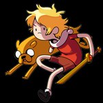 ambiguous_gender blonde_hair bottomwear clothing duo feral footwear hair holding_melee_weapon holding_object holding_sword holding_weapon melee_weapon missing_arm running shirt shoes shorts smile sword t-shirt toony topwear weapon discount-supervillain adventure_time cartoon_network finn_the_human jake_the_dog canid canine canis domestic_dog human mammal 1:1