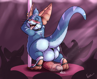 anthro backsack balls barefoot big_balls big_penis blush bodily_fluids buckteeth butt claws clothing collar dancing drooling erection feet foreskin genital_fluids genitals group half-closed_eyes male narrowed_eyes overweight overweight_male paws penis penis_backwards pole pole_dancing precum presenting presenting_hindquarters saliva solo_focus spats teeth thong tongue tongue_out underwear whiskers emenius wildstar chua mammal rodent 2016 absurd_res digital_media_(artwork) hi_res