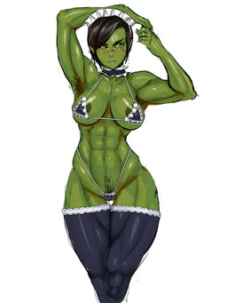 abs areola areola_slip armpit_hair big_breasts body_hair breasts cleavage clothed clothing female green_body green_skin maid_uniform monster_girl_(genre) muscular muscular_female muscular_humanoid not_furry panties pubes skimpy solo underwear uniform nisetanaka humanoid mammal orc 3:4