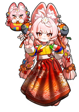 accessory ahoge anthro asian_clothing barefoot beverage braided_hair claws clothing east_asian_clothing feet female finger_claws fur gesture hair hair_accessory hanbok hand_gesture hand_on_hip korean_clothing long_hair orange_eyes paws pink_body pink_fur pink_hair simple_background solo toes v_sign white_background sod4 mihoyo zenless_zone_zero zhao_(zenless_zone_zero) lagomorph leporid mammal rabbit hi_res korean_description