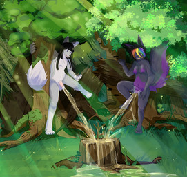 anthro balls big_breasts black_hair bodily_fluids breasts duo female forest fur genital_fluids genitals grey_body grey_fur hair hime_cut leaning legs_up long_hair macro male multicolored_body multicolored_fur multicolored_hair nipples nude open_mouth outside peeing peeing_outside peeing_together penis plant pokemorph purple_eyes smile tail tree urine urine_stream vulva watersports white_body white_fur raveneevee nintendo pokemon matija raven_eevee canid canine canis eevee generation_1_pokemon mammal pokemon_(species) wolf absurd_res digital_media_(artwork) hi_res