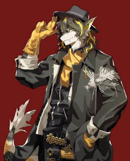anthro belt black_bottomwear black_clothing black_pants bottomwear cigarette clothing gloves hand_in_pocket handwear hat headgear headwear jacket male pants pockets red_background simple_background smile solo tail top_hat topwear yed arknights hypergryph mythology studio_montagne lee_(arknights) dragon mythological_creature mythological_scalie scalie 2022 absurd_res hi_res