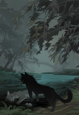 ambiguous_gender black_body black_fur blood bodily_fluids claws corpse death dirt duo feral fog forest forest_background fur grass grey_body grey_fur markings nature nature_background plant pointy_ears prick_ears river rock snout spots spotted_body spotted_fur tree water drmax warriors_(book_series) ashfur_(thunderclan) hollyleaf_(warriors) domestic_cat felid feline felis mammal 2023 hi_res