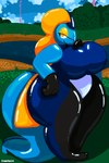 anthro big_breasts breasts eyelashes female fin glistening glistening_body grass half-closed_eyes hand_on_breast huge_breasts huge_thighs looking_at_viewer narrowed_eyes overweight overweight_anthro overweight_female plant tail thick_tail thick_thighs water pixel_star nintendo pokemon generation_8_pokemon inteleon pokemon_(species) scalie 2:3 hi_res