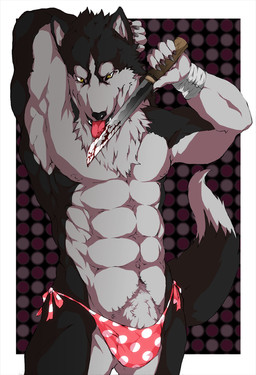 abs anthro bandage biceps biped black_body black_fur black_nose blood bodily_fluids bulge claws clothed clothing dagger dipstick_tail fangs flexing fur grey_body grey_fur hands_behind_head holding_object holding_weapon knife licking licking_blood licking_knife looking_at_viewer male markings melee_weapon muscular muscular_anthro muscular_male nipples open_mouth pecs pose solo speedo standing swimwear tail tail_markings teeth tongue tongue_out topless weapon yellow_eyes saekimario canid canine canis mammal wolf
