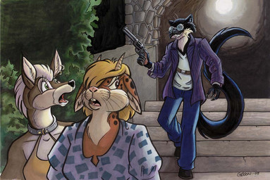anthro antlers approach big_claws black_body black_claws black_fur black_nose black_tail blazer blonde_hair bottomwear brown_eyes cheek_tuft claws clothing collar countershade_neck countershading denim denim_bottomwear denim_clothing detailed_background dress ear_piercing ear_ring ears_down ears_up evil_face evil_grin eyewear facial_tuft female fur glasses green_eyes grin group gun hair handgun holding_gun holding_handgun holding_object holding_ranged_weapon holding_revolver holding_weapon horn imminent_death imminent_murder inner_ear_fluff jeans long_claws long_tail looking_at_another looking_back male markings multicolored_body multicolored_fur murder_face murderer night open_mouth orange_body orange_fur outside pants piercing pince-nez pink_nose pivoted_ears plant prismacolor purple_blazer ranged_weapon revolver ring_piercing scared serial_killer sharp_teeth shirt shrub smile spots spotted_body spotted_fur stairs stalking surprised tail tan_body tan_fur teeth tongue topwear trio tuft two_tone_body two_tone_fur victim weapon whiskers white_body white_clothing white_fur white_shirt white_topwear roz_gibson jack_salem deer felid gulonine hybrid jackalope lagomorph mammal marten mustelid musteline sable_(marten) 2008 marker_(artwork) signature traditional_media_(artwork)